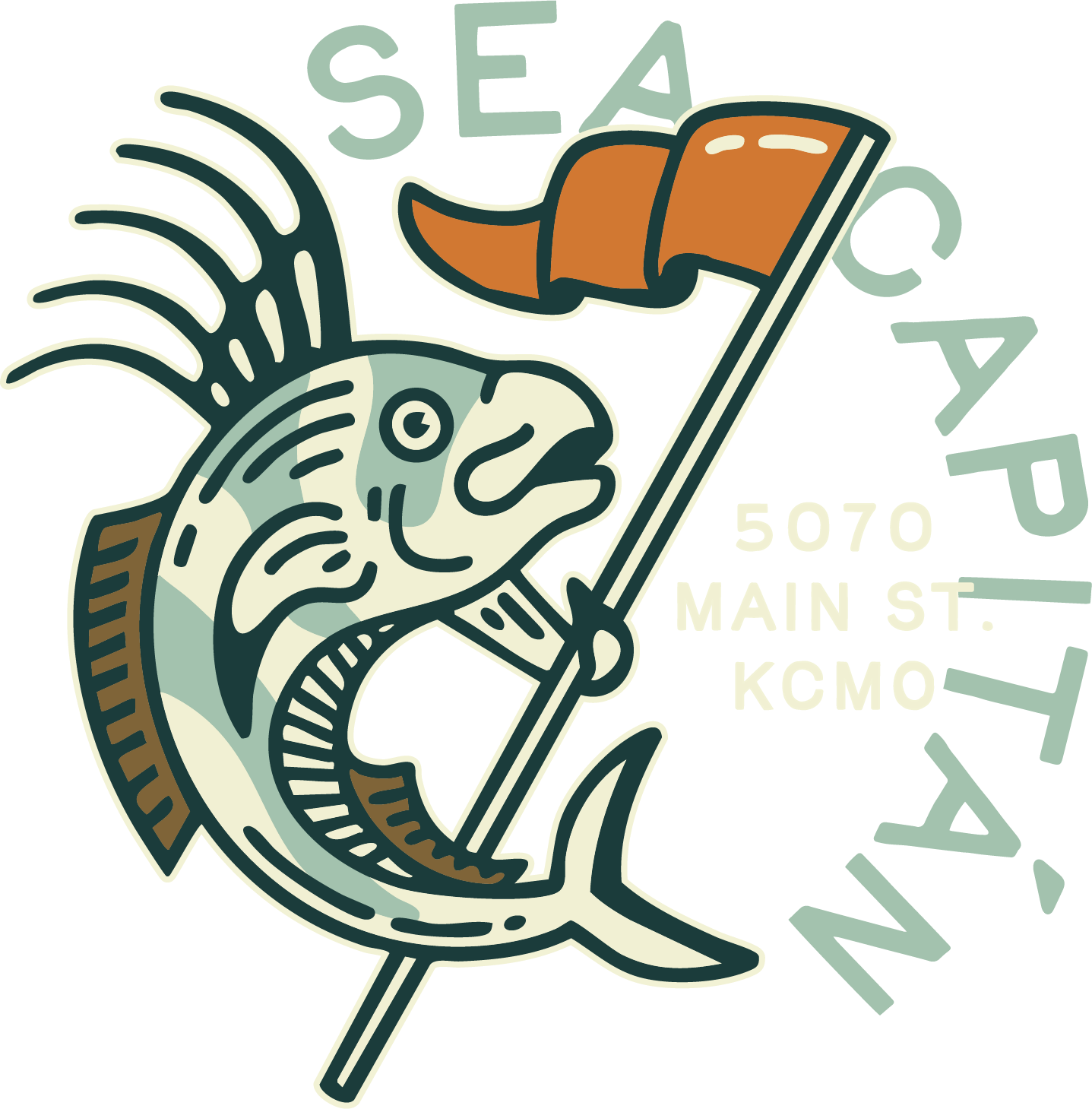 Sea Capitán Logo with a fish holding a flag with the address 5070 Main St. KCMO next to the fish