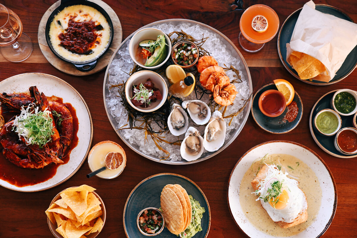 Mexican seafood spread with oysters, shrimp, and brunch plates